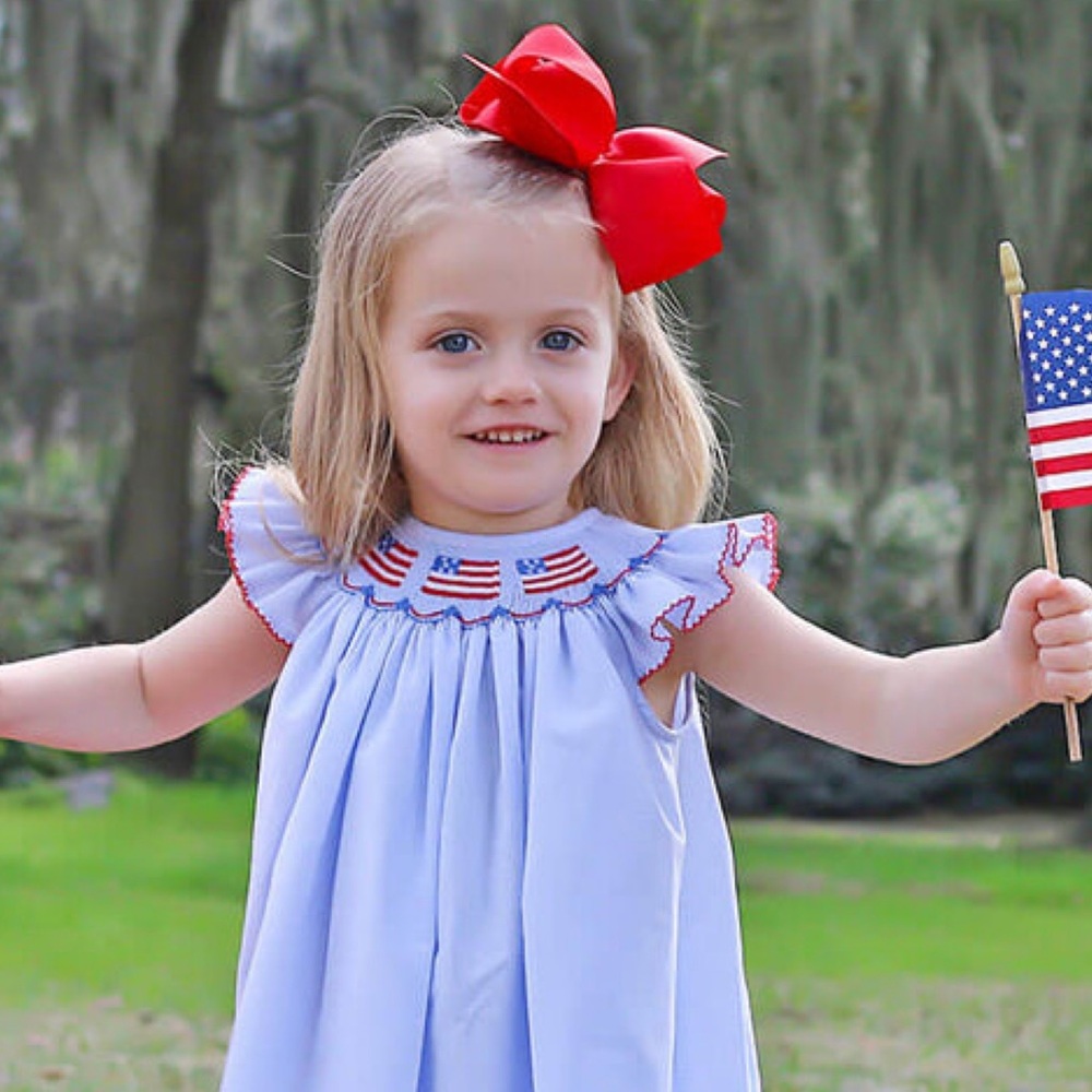 Southern Sunshine Kids Light Blue Gingham Flag
Smocked Dress